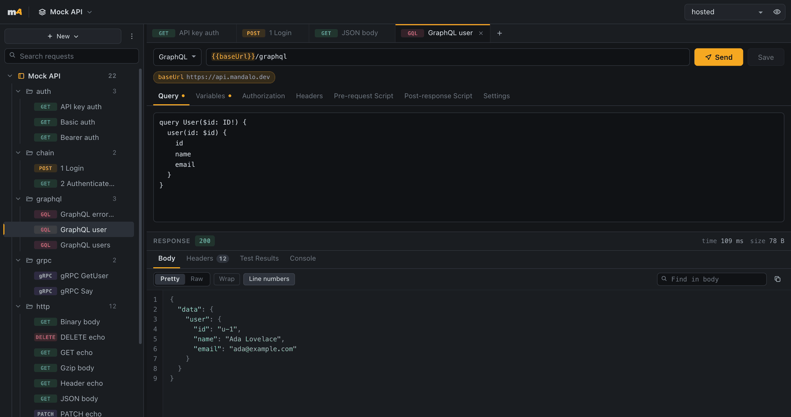 A GraphQL request with a User query and its variables, returning a 200 response containing the user's id, name and email.