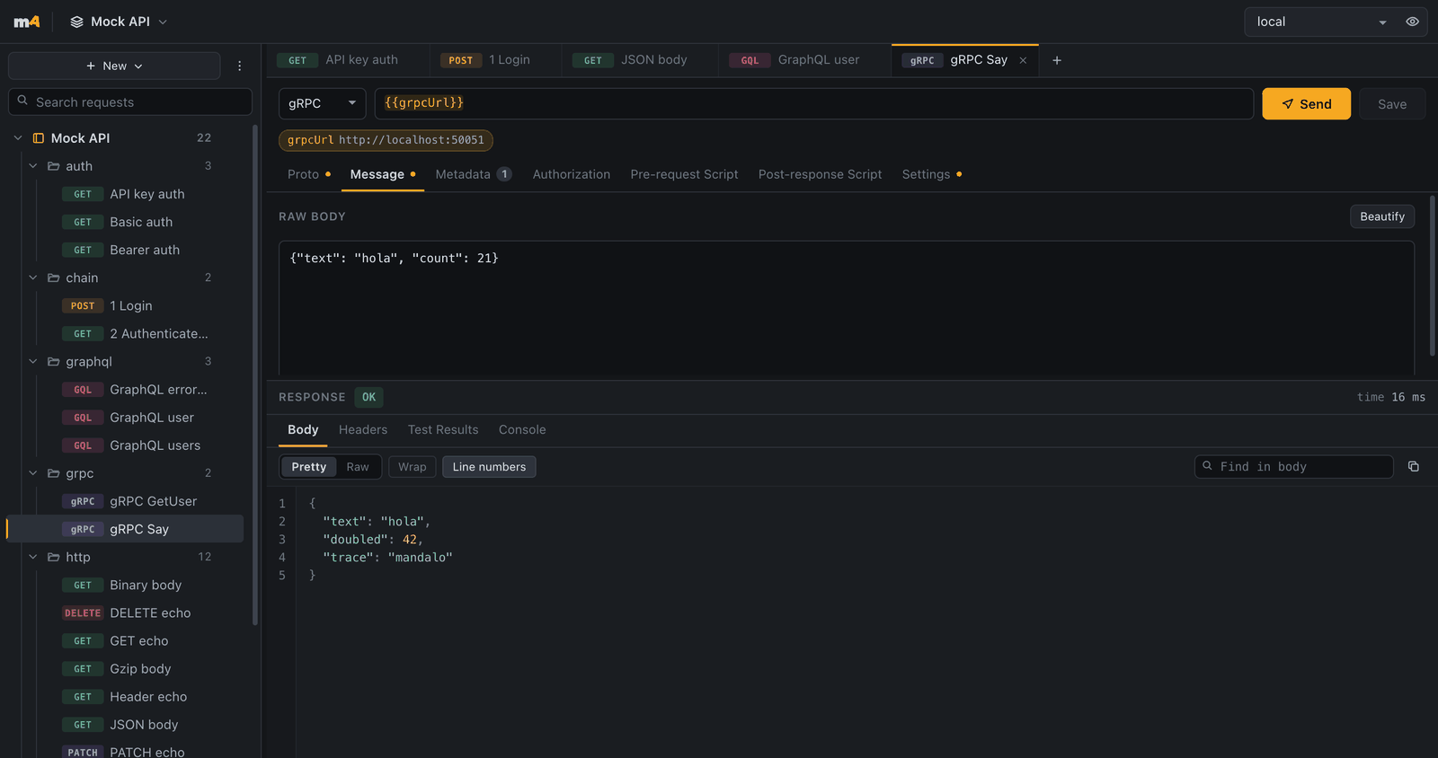 A gRPC request to mock.v1.Mock/Say sent from the browser build over gRPC-Web, returning a decoded protobuf response with text, doubled and trace fields.