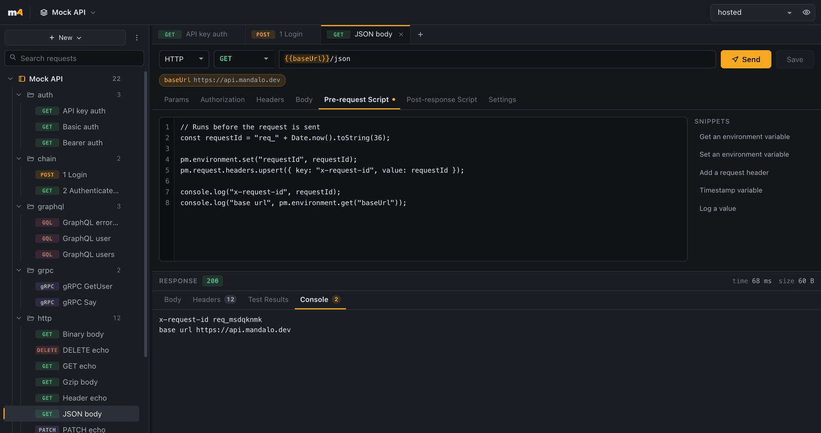 The Pre-request Script tab holding eight lines of JavaScript that set an environment variable and add an x-request-id header, with the two logged values shown in the response Console tab.