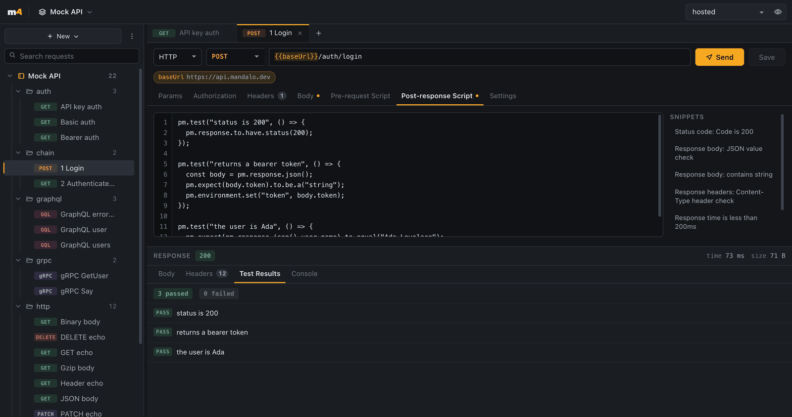 A Tests tab holding three pm.test blocks that check the status, capture a bearer token and assert the user's name, with all three reported as passed in the response pane.
