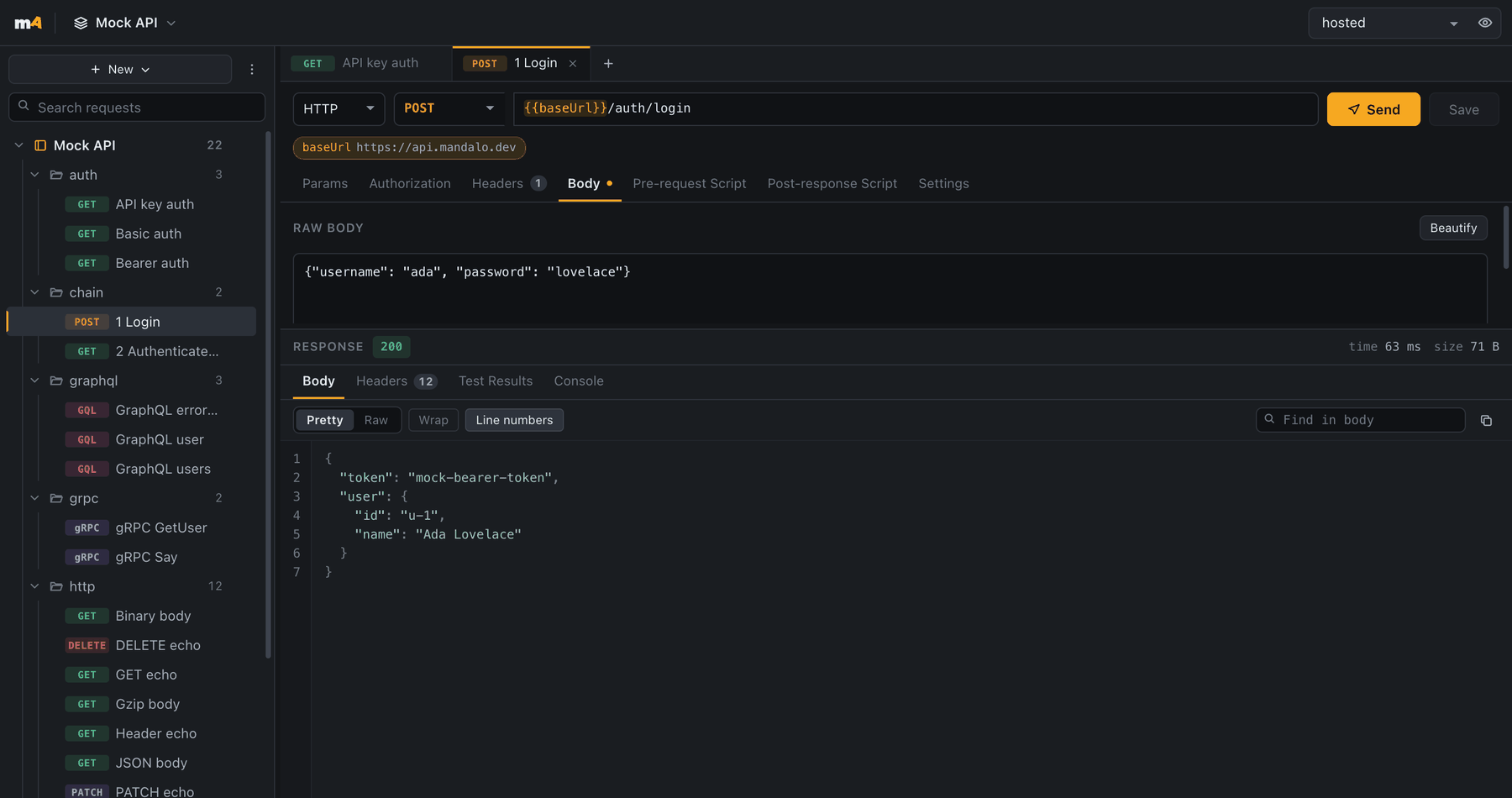 The Mándalo workbench: a collection tree on the left, a POST request to {{baseUrl}}/auth/login with a JSON body, and a 200 response returning a bearer token.